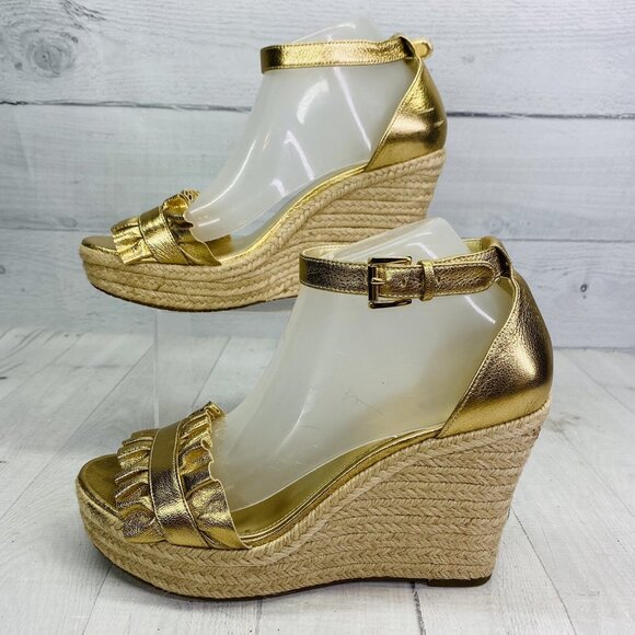 Michael Kors BELLA Gold Metallic Leather Ruffle Jute Platforms Sandals Sz 9 M 39 - Picture 3 of 12